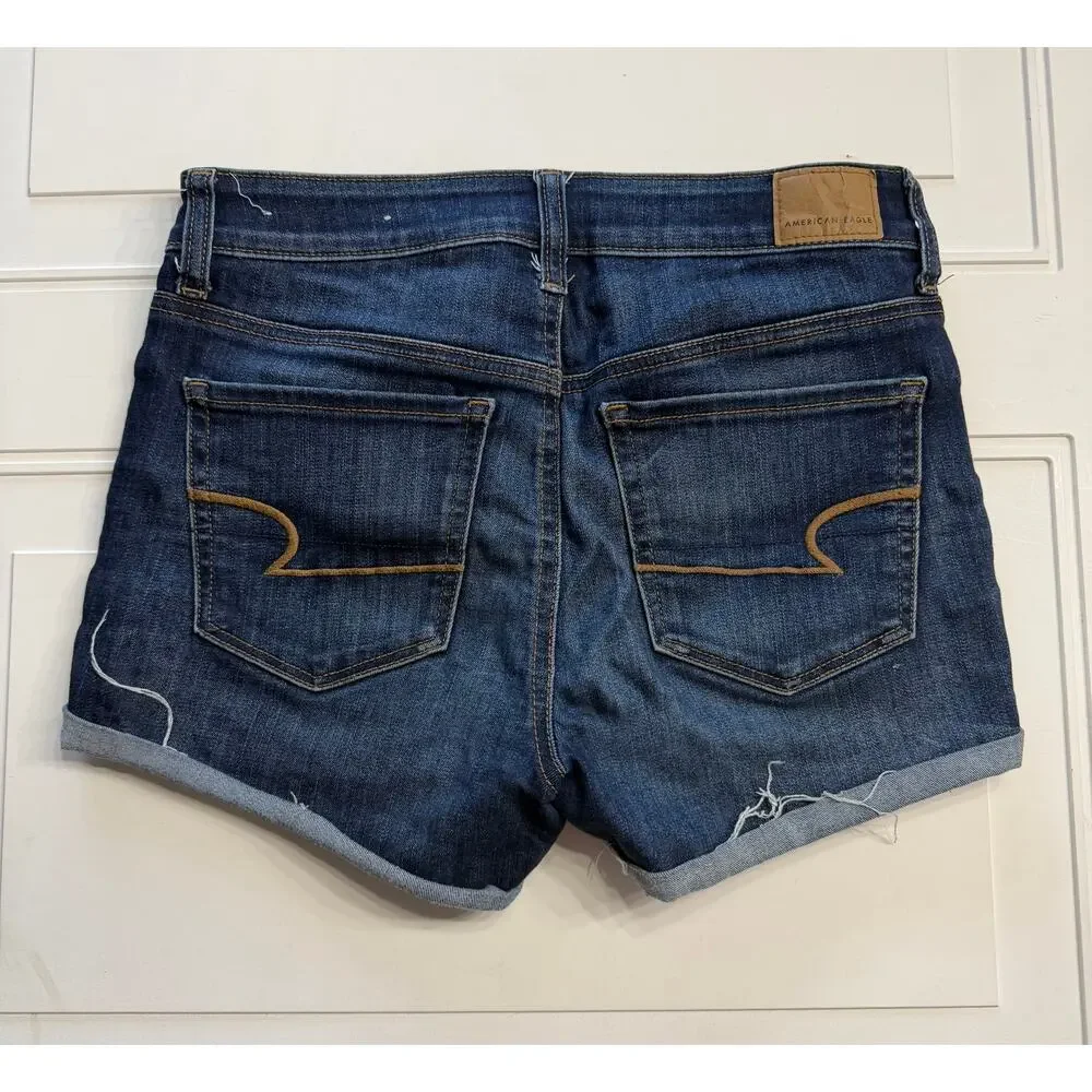 American Eagle Womens Sz 6 Dark Wash High Rise Shortie Raw Hem Denim Jean Shorts